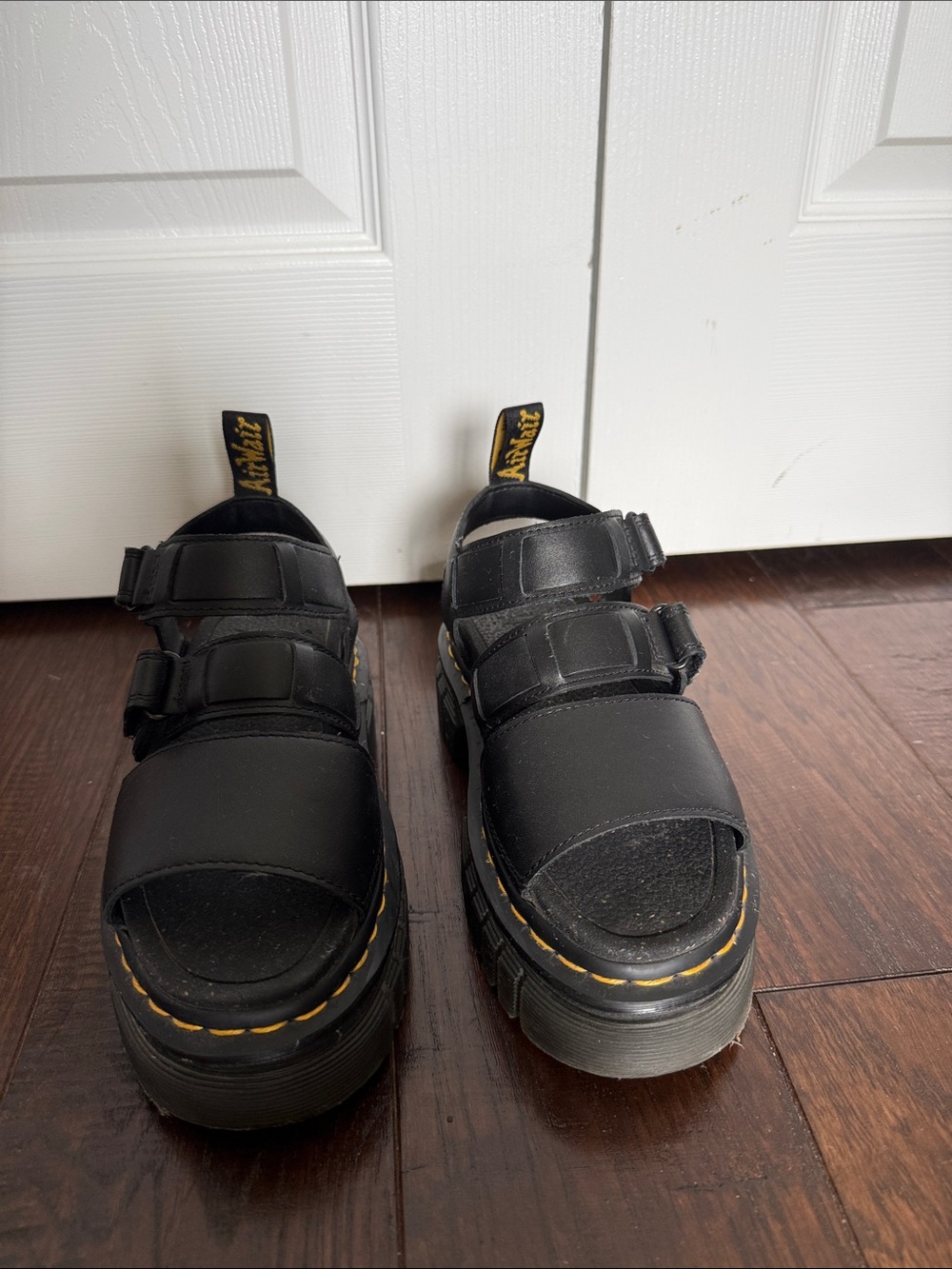 Dr. Martens Black Leather Platform Sandals with Yellow Trim